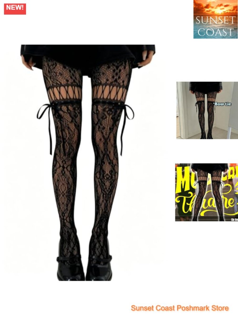Lace Garter Tights Bow Tie Fishnet Stockings Sheer Suspender Style Floral Mesh